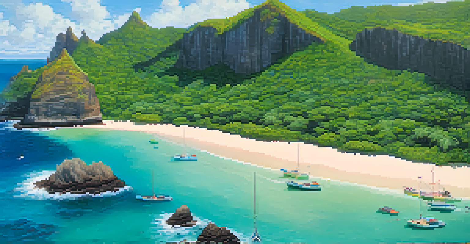 An aerial view of Fernando de Noronha beach with clear waters and lush greenery, showcasing rock formations and snorkeling activities.