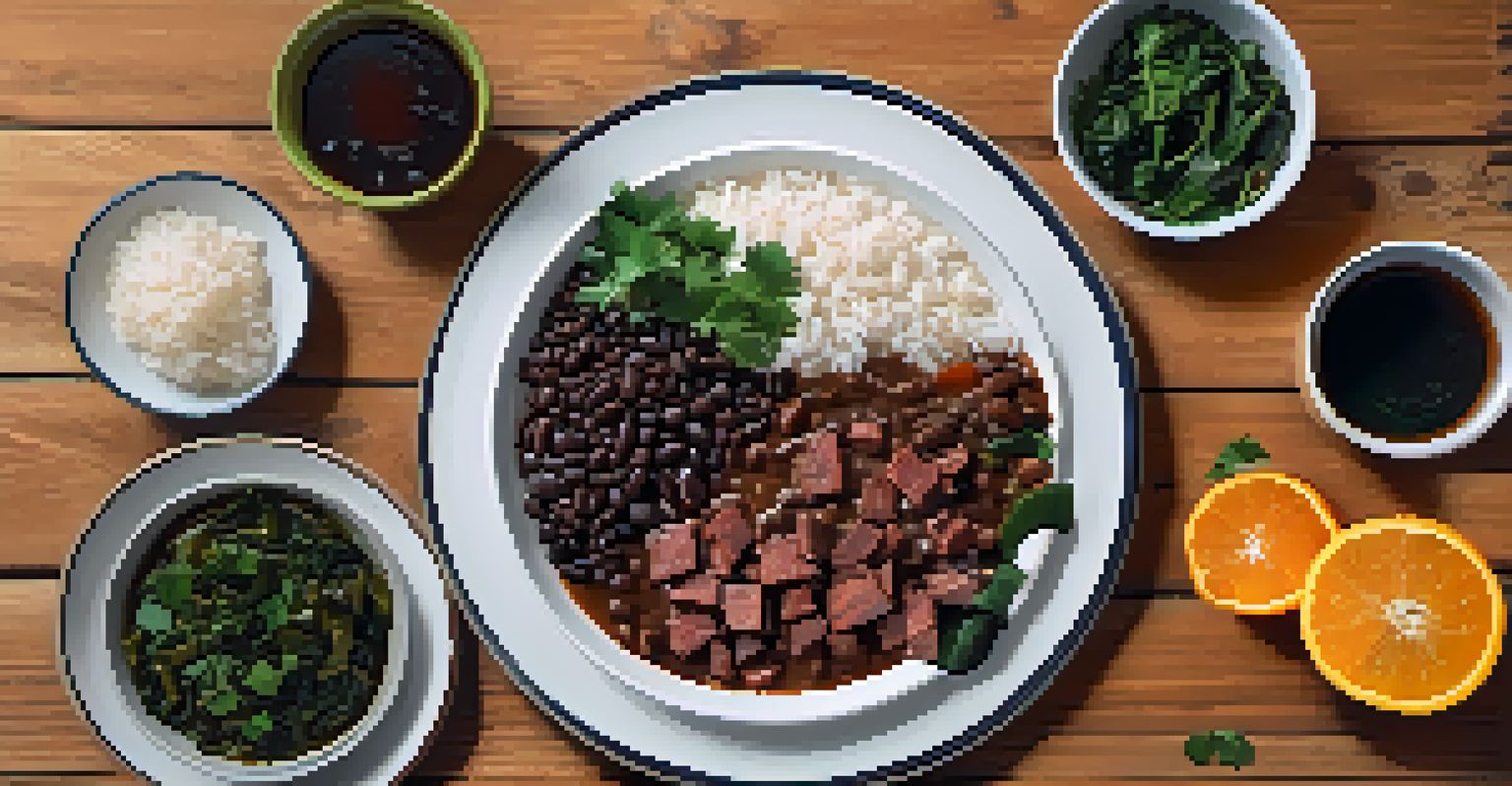 A plate of feijoada, black bean stew served with rice, collard greens, and orange slices on a wooden table.