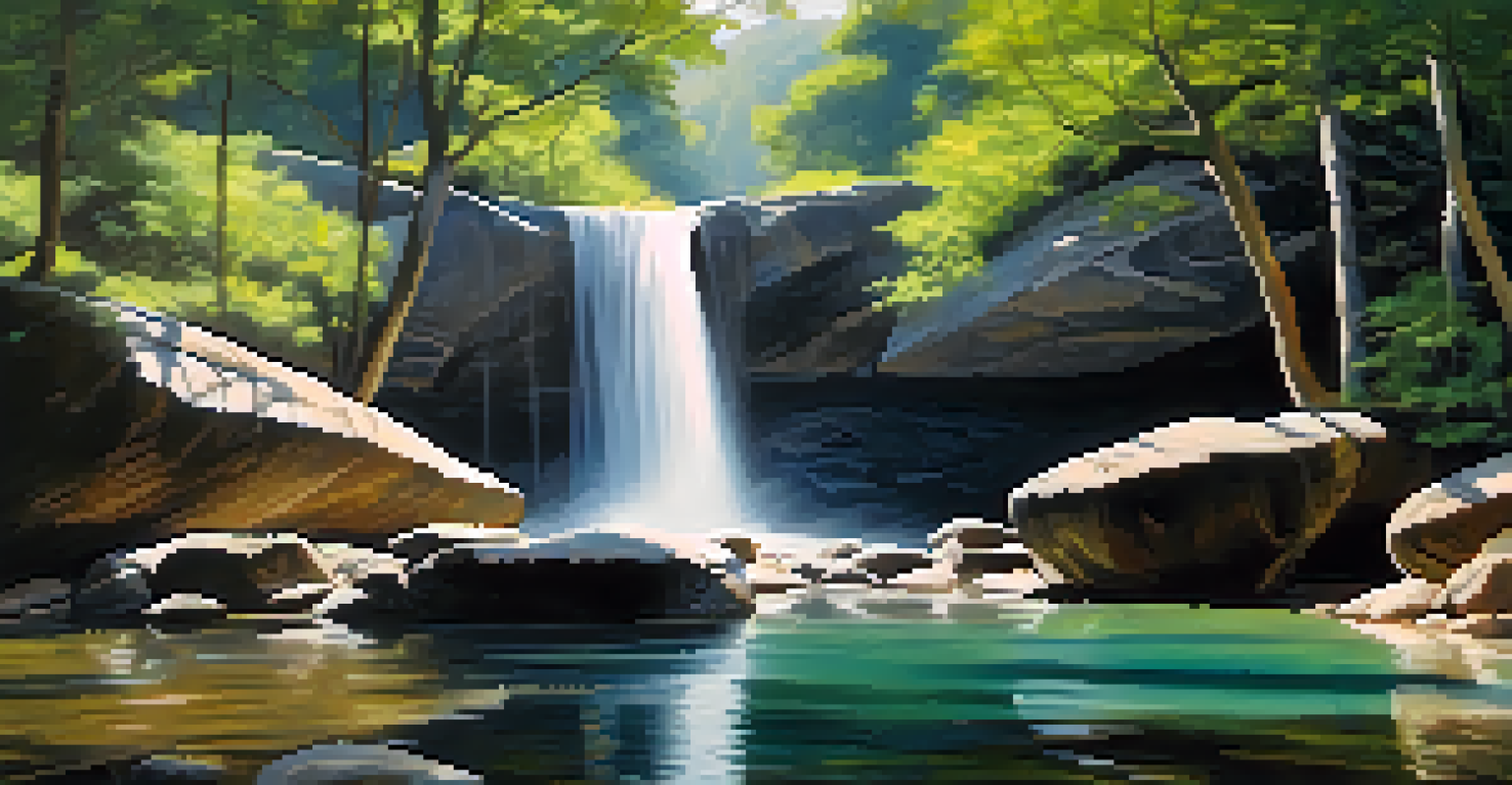 A peaceful waterfall in Vale da Lua with cascading water over smooth rocks, surrounded by lush greenery.