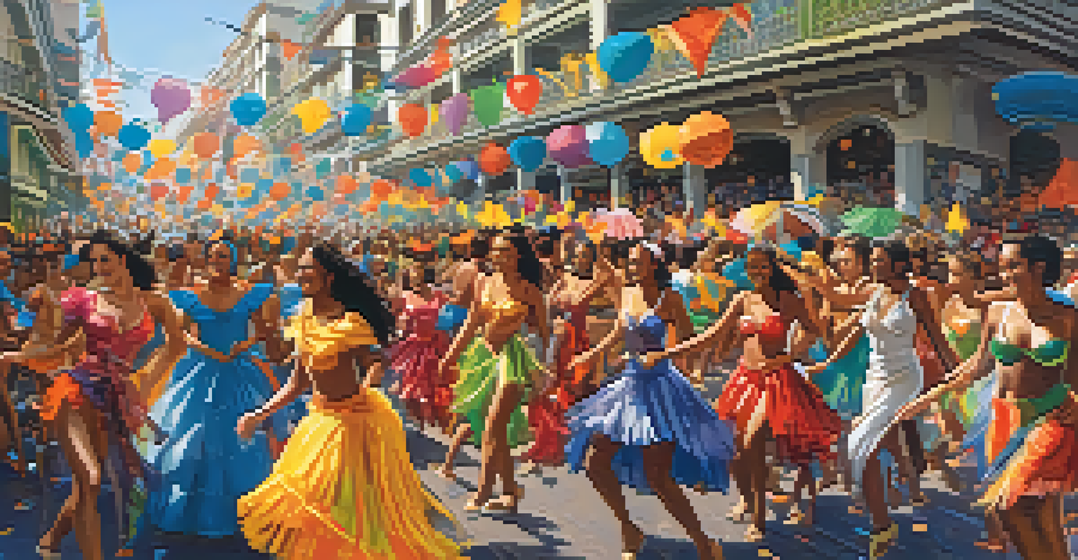 A lively Carnival scene in Rio de Janeiro with dancers in colorful costumes and festive decorations.
