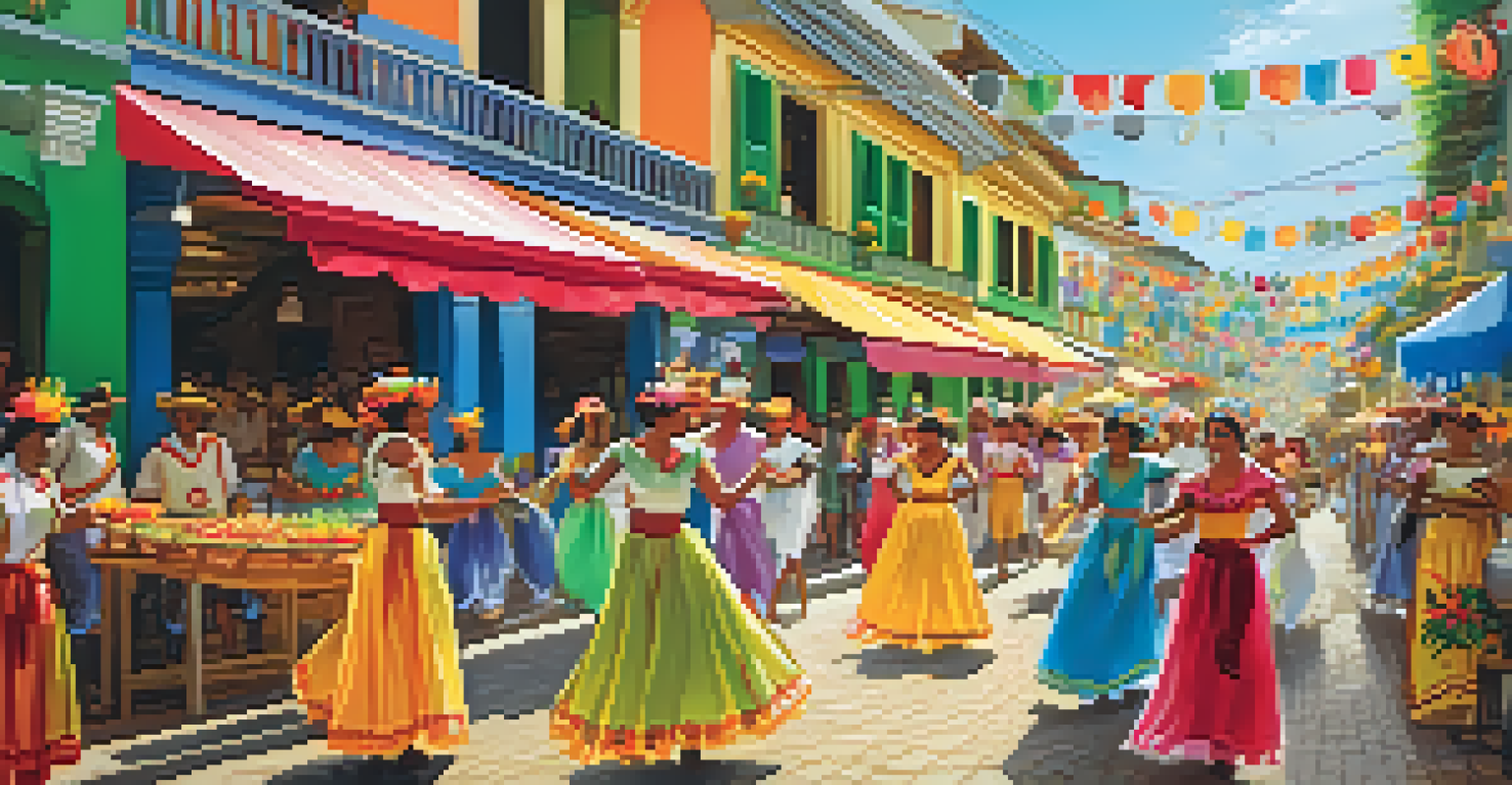 A lively festival in a Brazilian colonial town with locals in colorful costumes dancing and enjoying traditional food.
