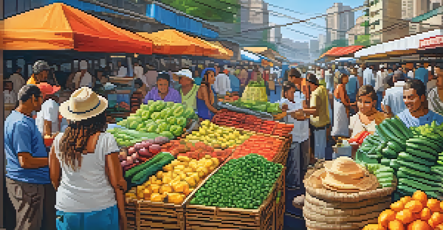 A vibrant market with stalls selling fresh fruits, crafts, and street food, bustling with people and colorful goods.