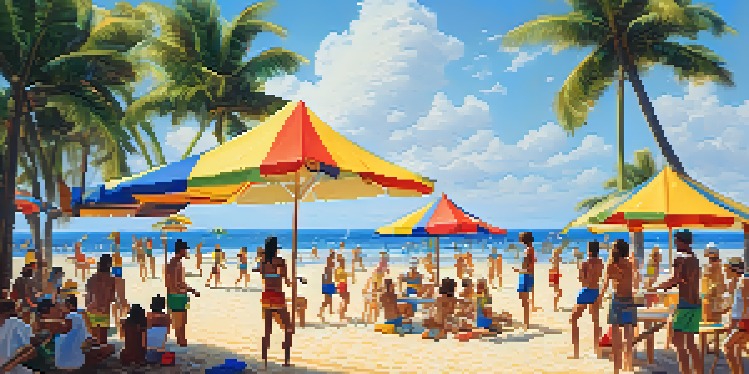 A lively beach volleyball match in Brazil with players, spectators, and a sunny beach atmosphere.