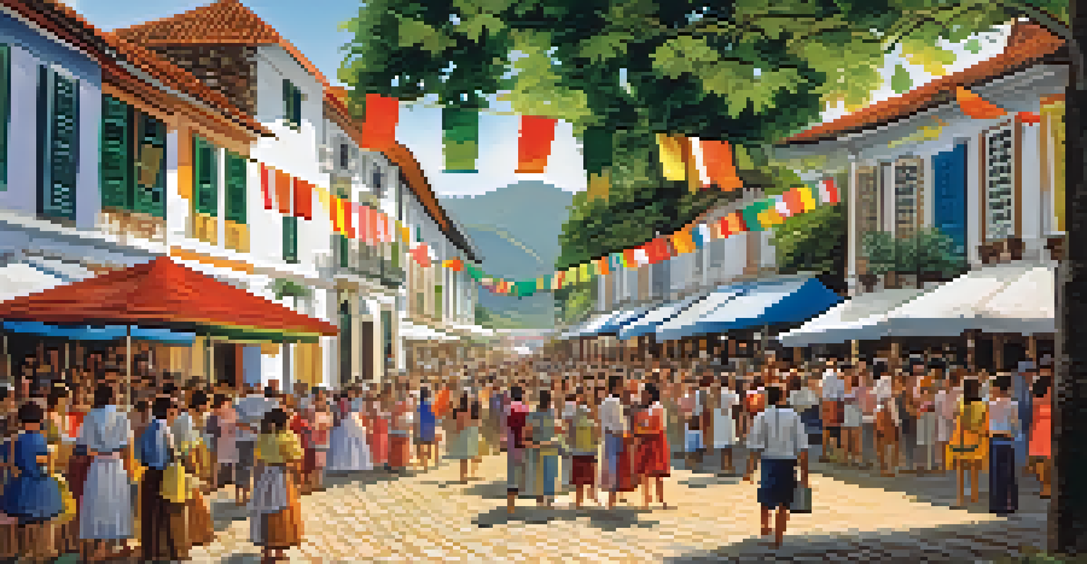 A vibrant scene at the Festa Literária Internacional de Paraty, with crowds, colorful banners, and authors engaging with readers.
