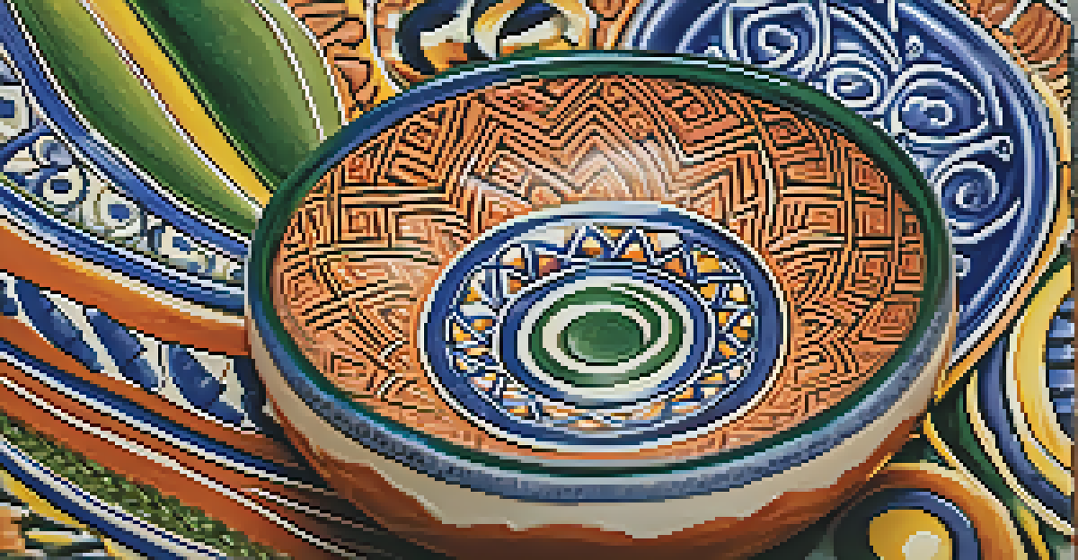 Close-up of a vibrant Brazilian ceramic piece with intricate patterns, showcasing the texture and glossy glaze in natural light.