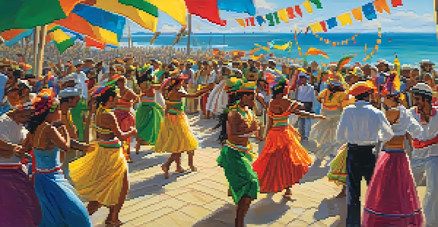 A lively festival scene with dancers in traditional clothing celebrating Brazilian maritime culture against a backdrop of the ocean.