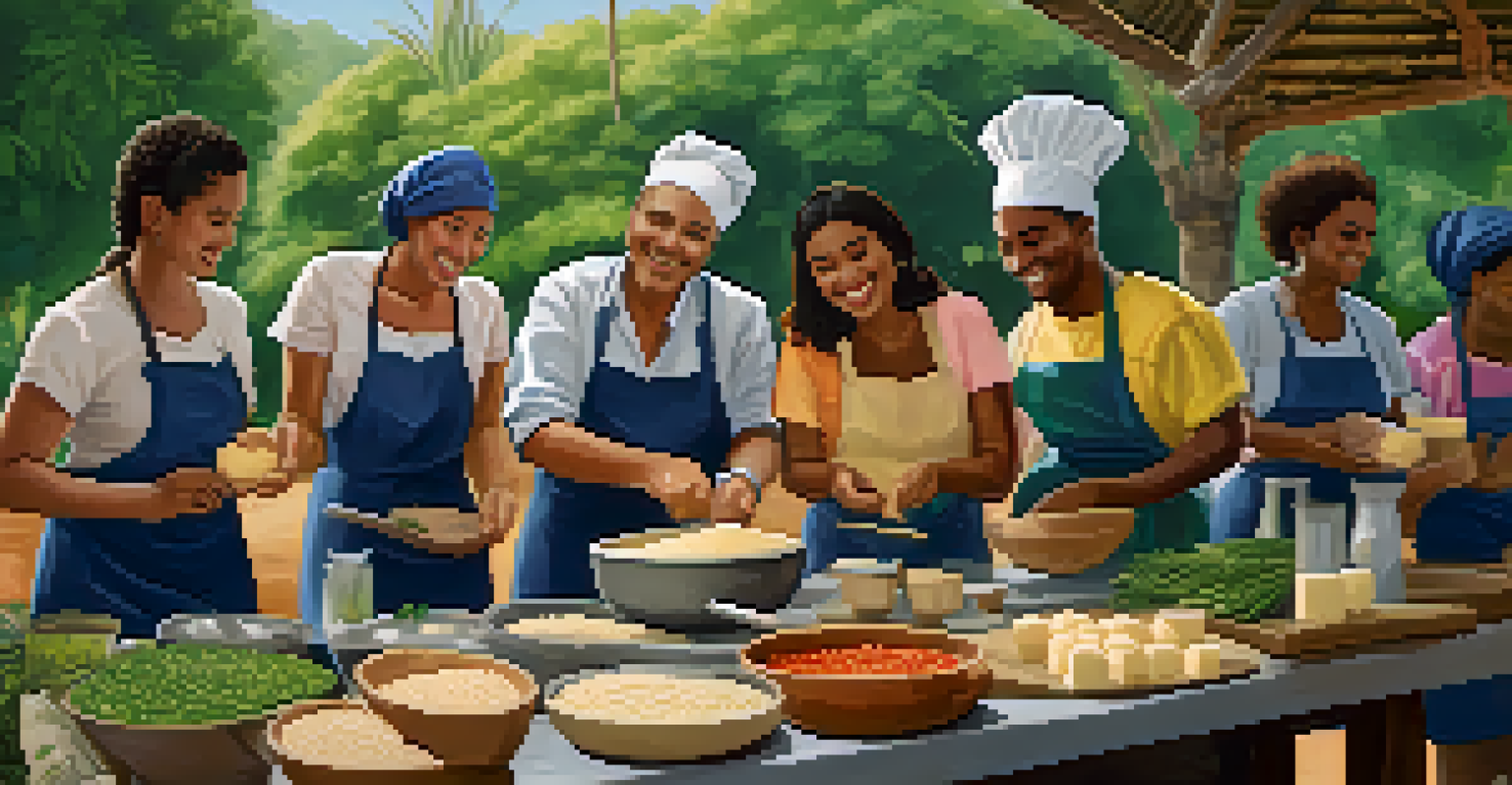 Participants in an outdoor cooking class in Brazil, making pão de queijo with a joyful atmosphere.