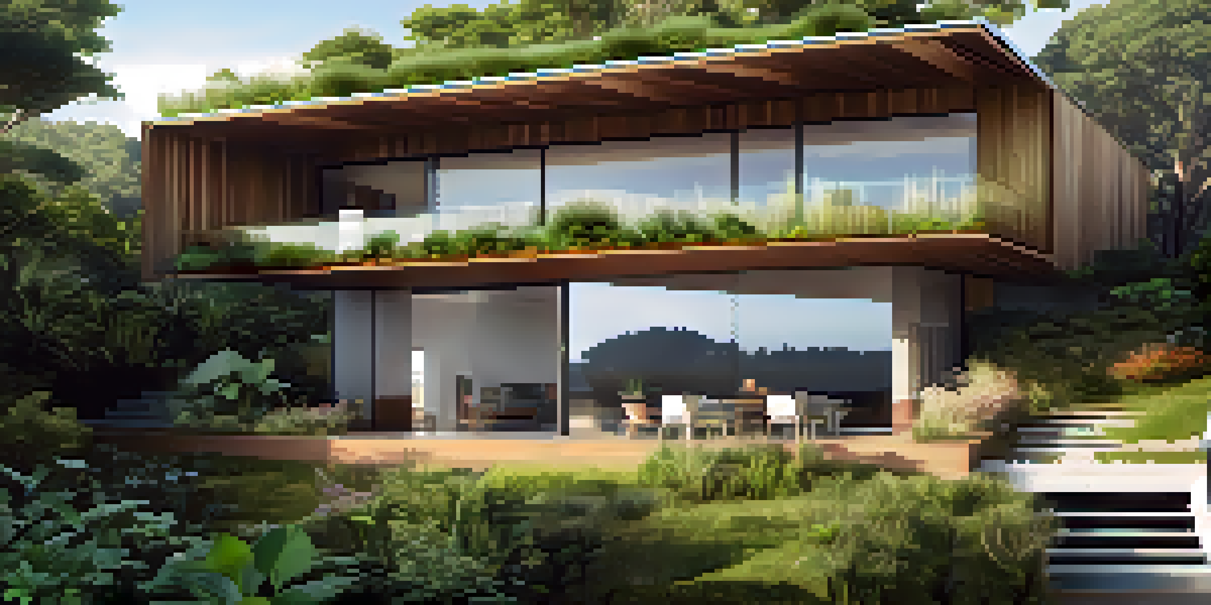 A modern sustainable house surrounded by greenery, with a green roof, large windows, and solar panels.