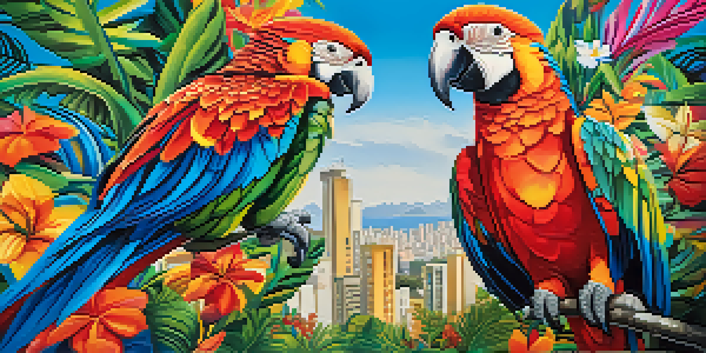 A colorful street mural of a parrot surrounded by flowers against a blue sky in Rio de Janeiro.