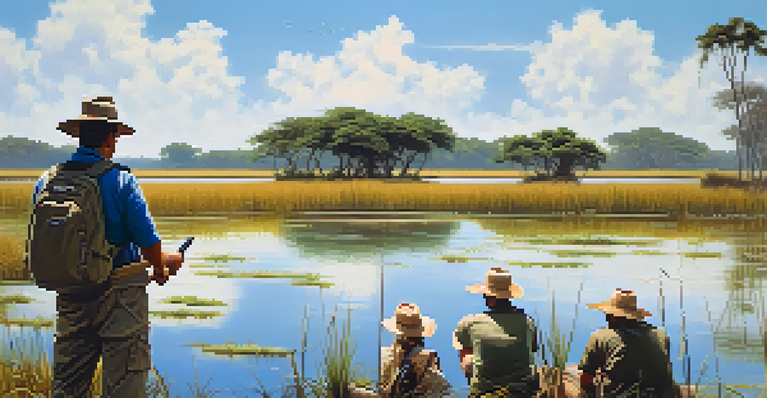 A local guide leading tourists through the Pantanal wetlands, highlighting wildlife in a lush natural setting.