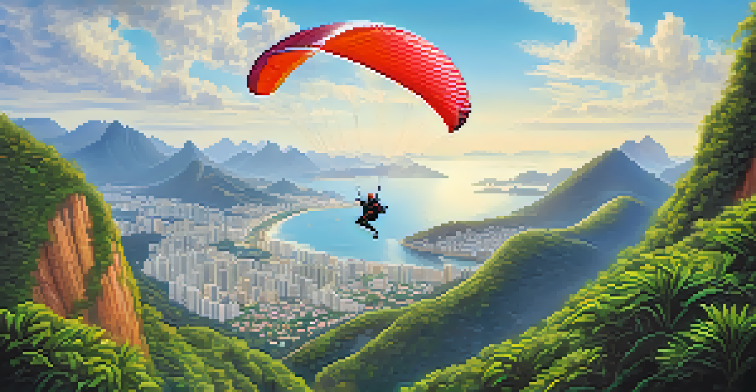A paraglider flying over Pedra Bonita in Rio de Janeiro, surrounded by lush mountains and a stunning landscape.