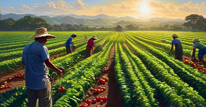 A colorful organic farm in Brazil with various crops, a farmer tending to the plants under a bright blue sky.