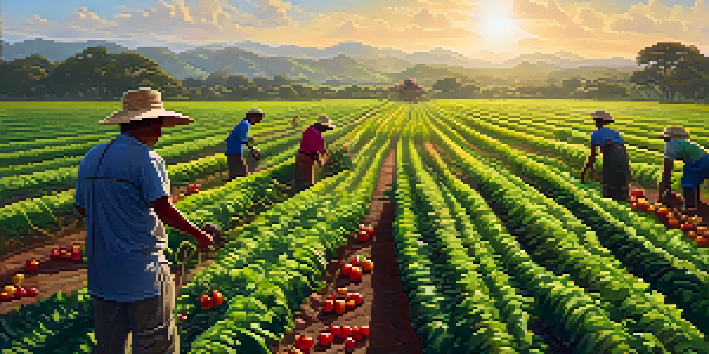A colorful organic farm in Brazil with various crops, a farmer tending to the plants under a bright blue sky.