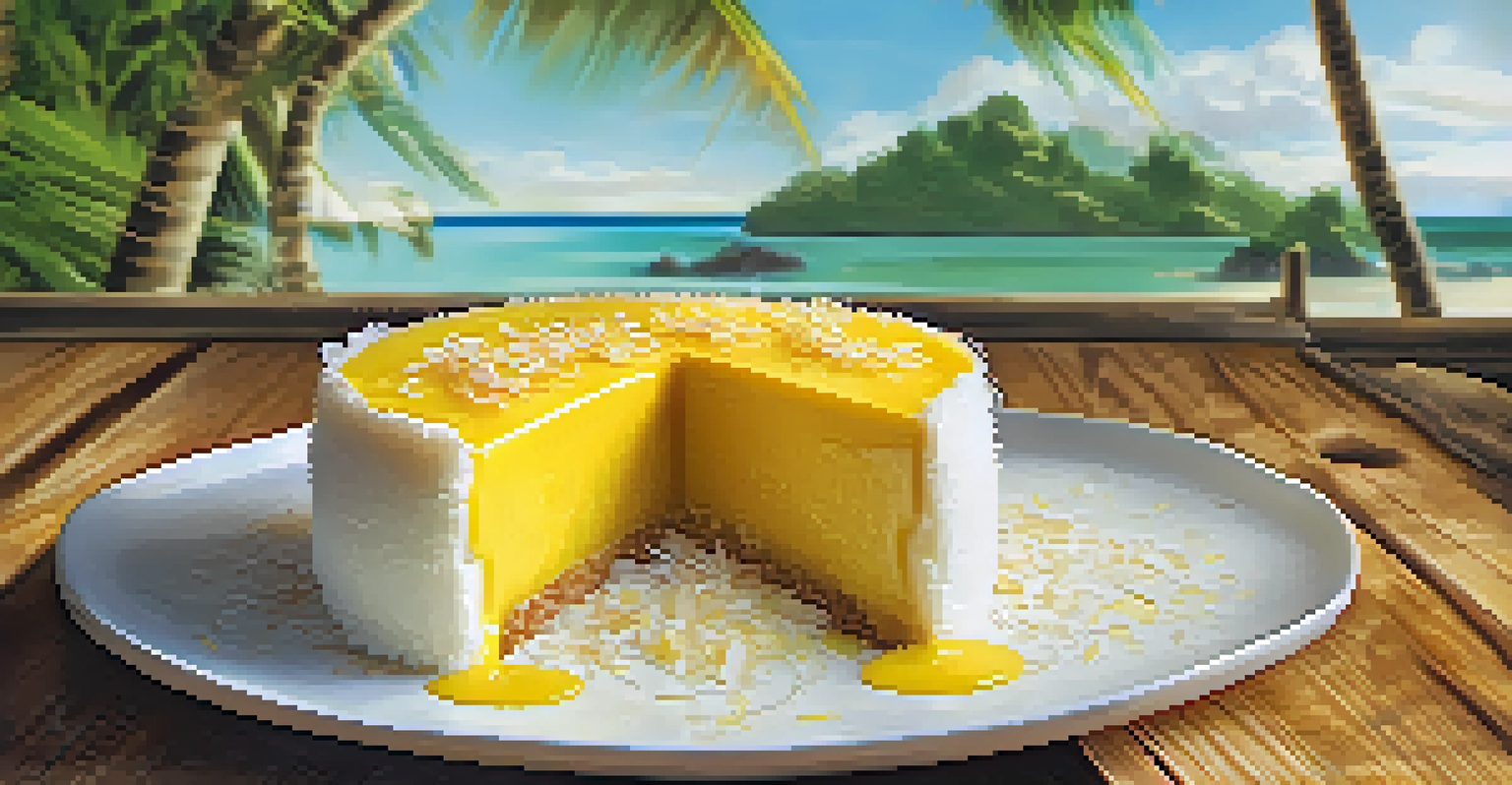 A bright yellow quindim coconut custard dessert on a white plate, with grated coconut flakes around it.