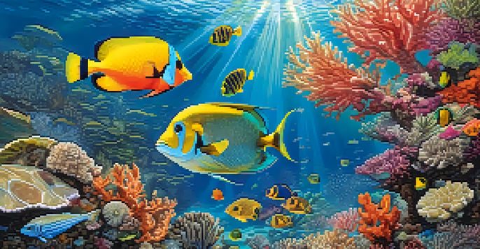 An underwater scene of Brazil's coral reefs with colorful fish and a sea turtle, illuminated by sunlight.