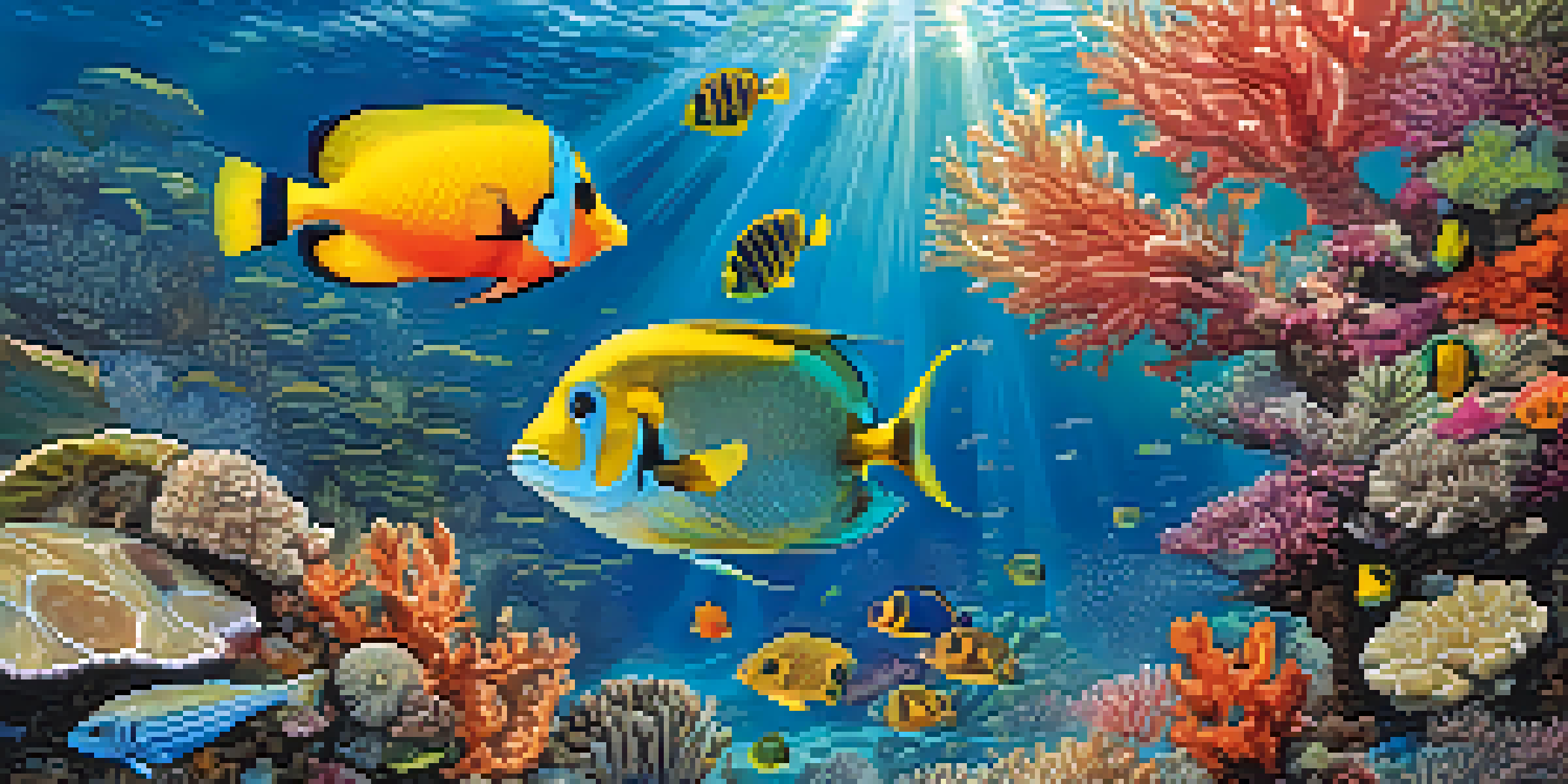 An underwater scene of Brazil's coral reefs with colorful fish and a sea turtle, illuminated by sunlight.