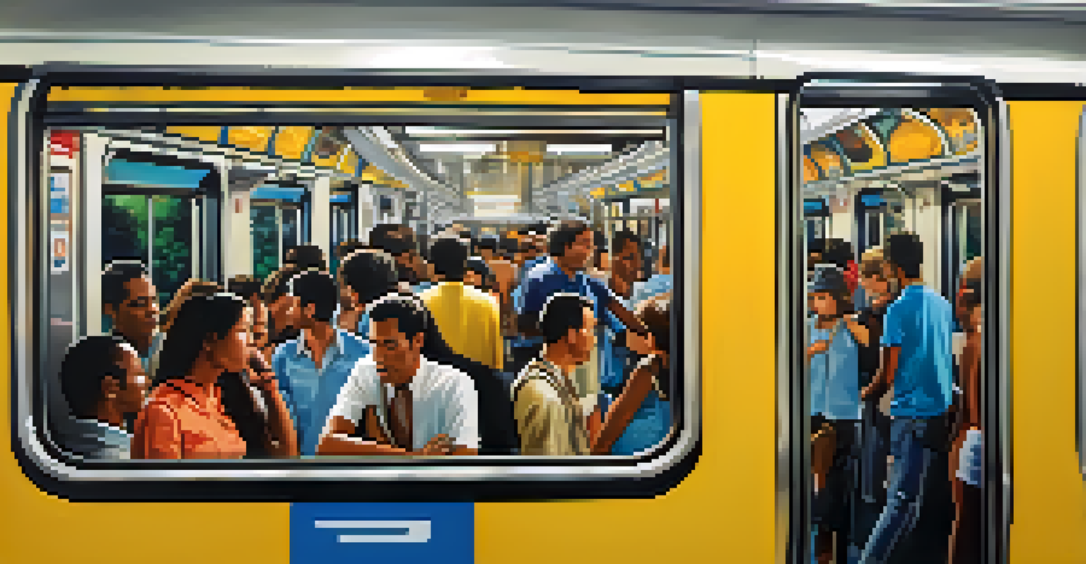 Interior of a busy metro train in Rio de Janeiro during rush hour, with colorful advertisements and sunlight streaming through the windows.