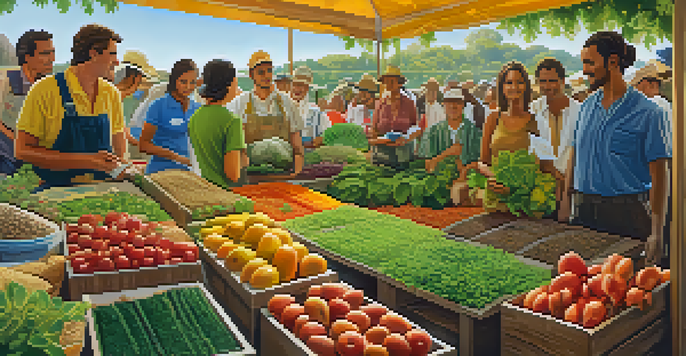 A lively agricultural exposition in Brazil with farmers and researchers at a booth displaying organic farming techniques, surrounded by greenery and sunlight.