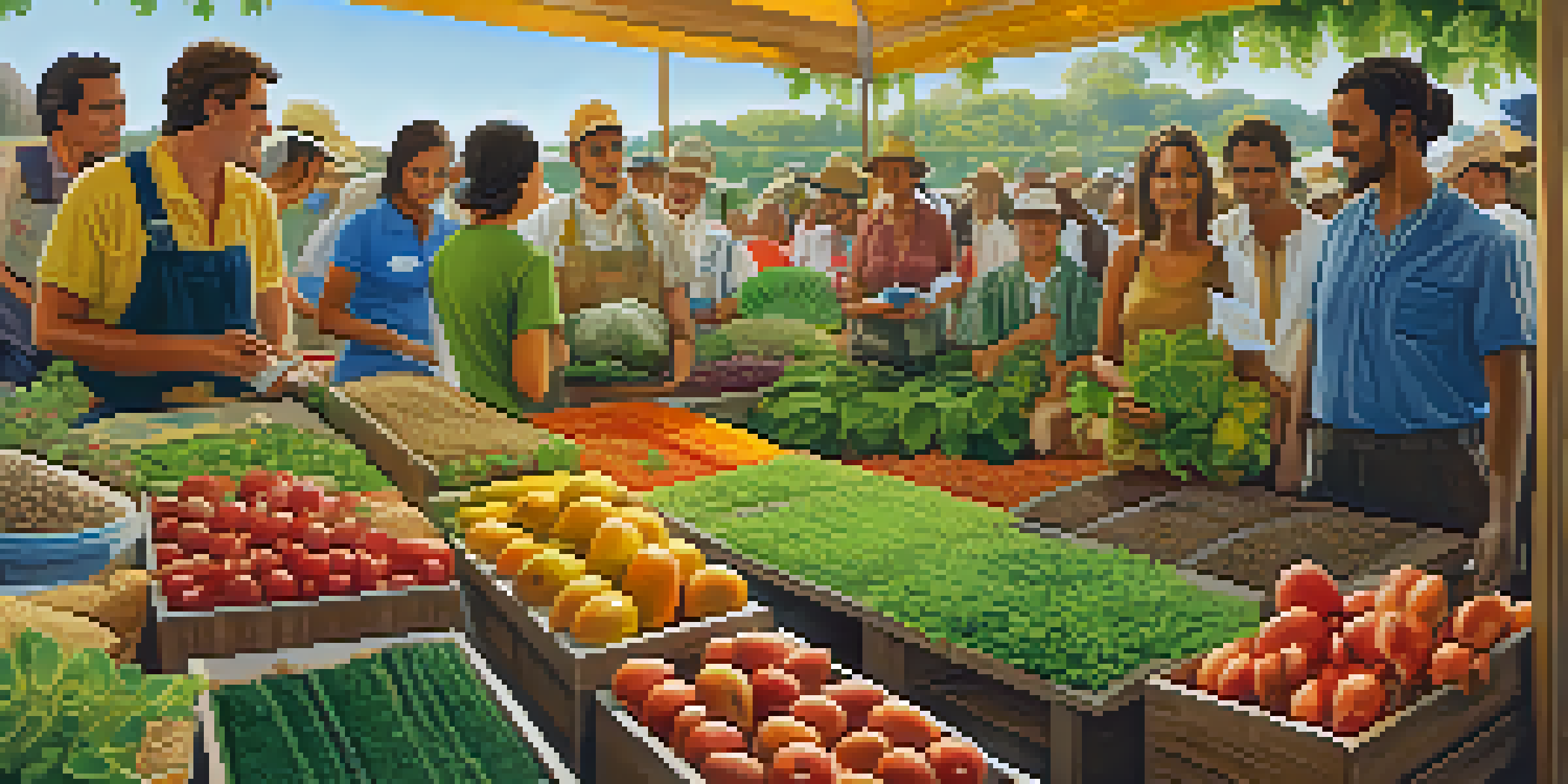 A lively agricultural exposition in Brazil with farmers and researchers at a booth displaying organic farming techniques, surrounded by greenery and sunlight.