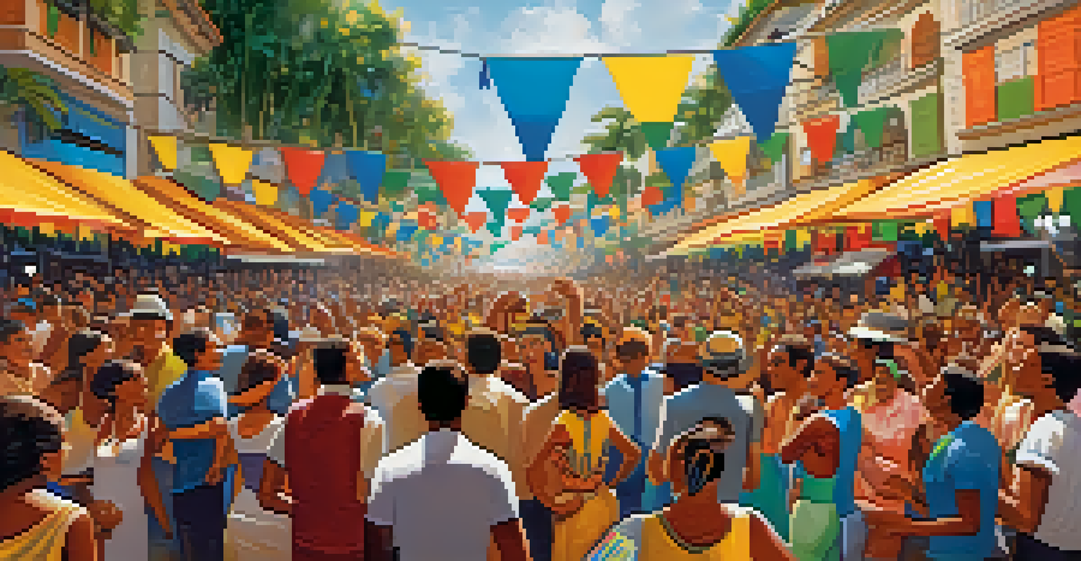 A crowded music festival with musicians on stage and people dancing, showcasing the festive spirit of Bossa Nova.