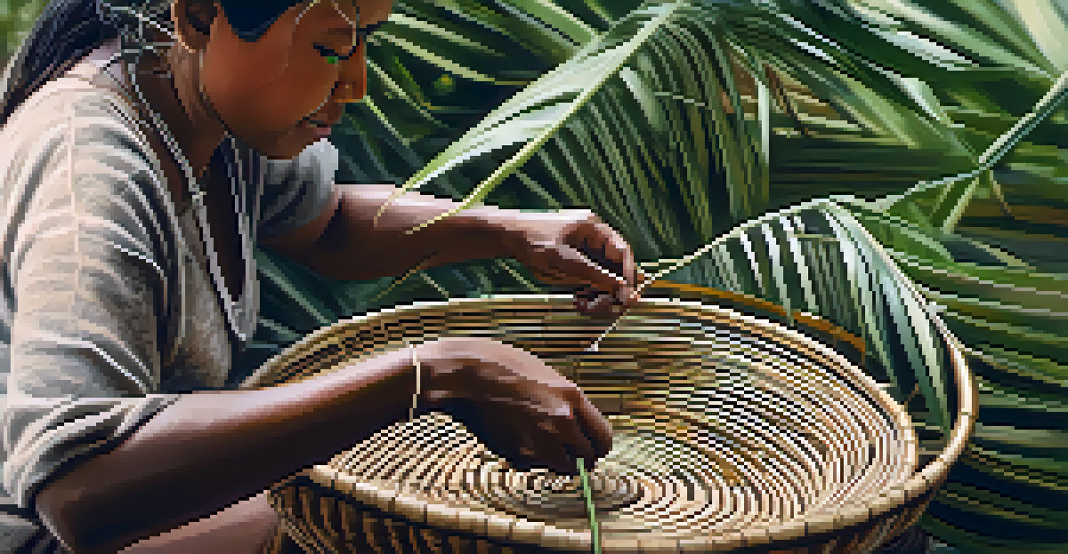 An indigenous artisan weaving a basket from palm fronds and vines, surrounded by nature.