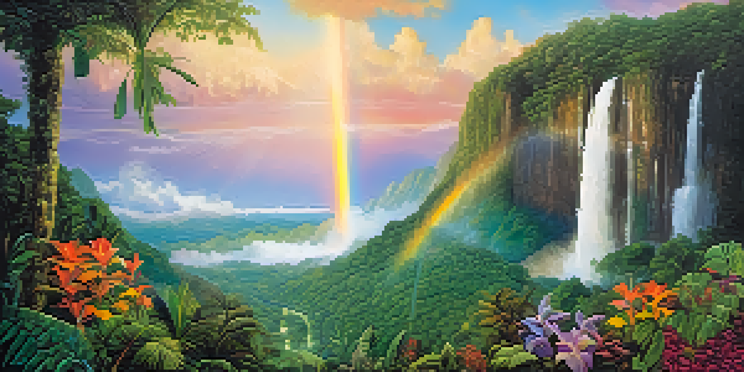 A scenic view of Brazil's lush rainforest featuring vibrant greenery, waterfalls, and a rainbow, showcasing the rich biodiversity of the landscape.