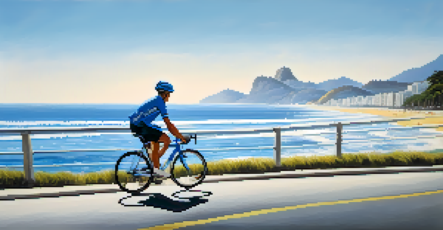 A cyclist riding along the coastline of Copacabana, Brazil, with the ocean and blue sky in the background.