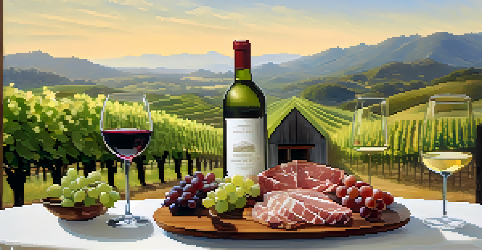 A wine tasting arrangement with glasses of Merlot and Chardonnay, along with Brazilian charcuterie, set against a vineyard backdrop.