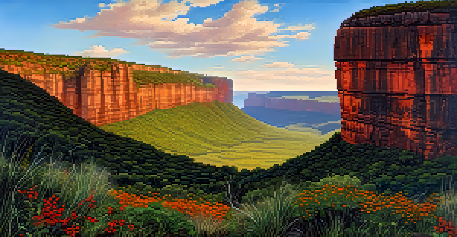 A panoramic view of the colorful cliffs of Chapada Diamantina, with a cascading waterfall and a valley of wildflowers.