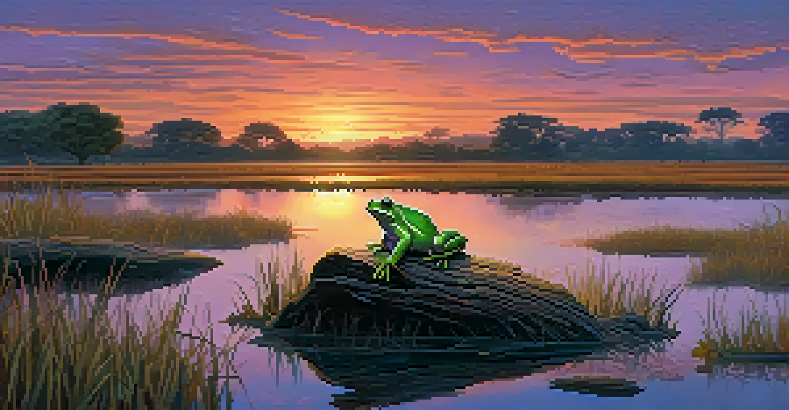 A panoramic view of the Pantanal wetlands at dusk featuring a giant Brazilian toad on a log with pools of water and a colorful sunset sky.