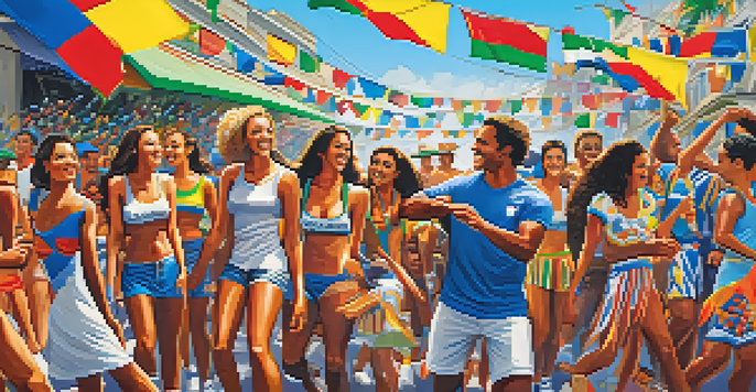 A lively street in Rio de Janeiro filled with football fans celebrating, painted faces, and samba dancers against the backdrop of Sugarloaf Mountain.