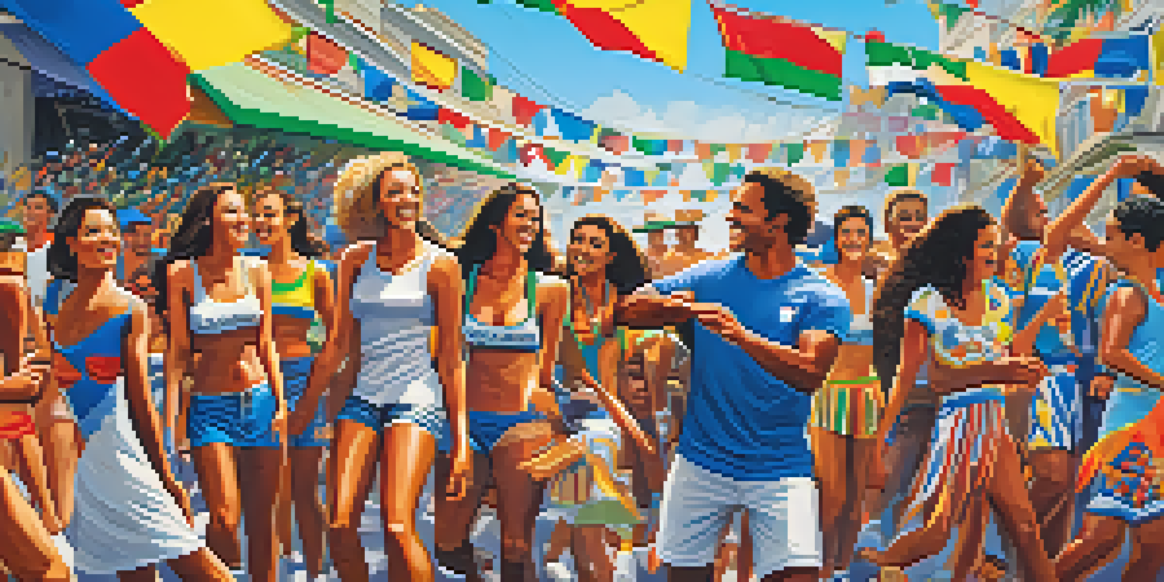 A lively street in Rio de Janeiro filled with football fans celebrating, painted faces, and samba dancers against the backdrop of Sugarloaf Mountain.