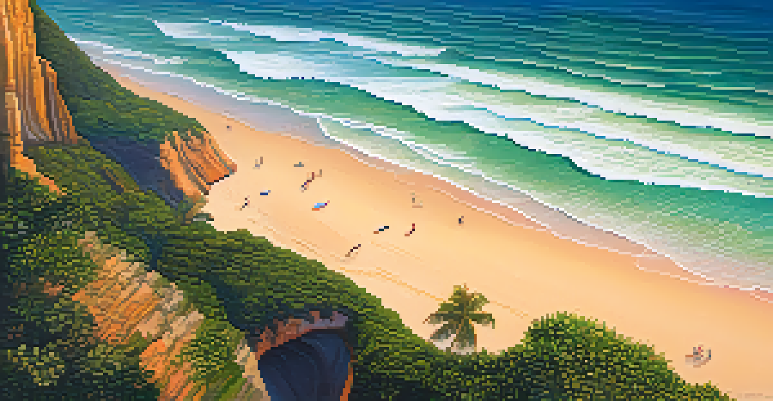 Aerial view of Praia do Amor in Pipa, with surfers and steep cliffs surrounding the heart-shaped beach.