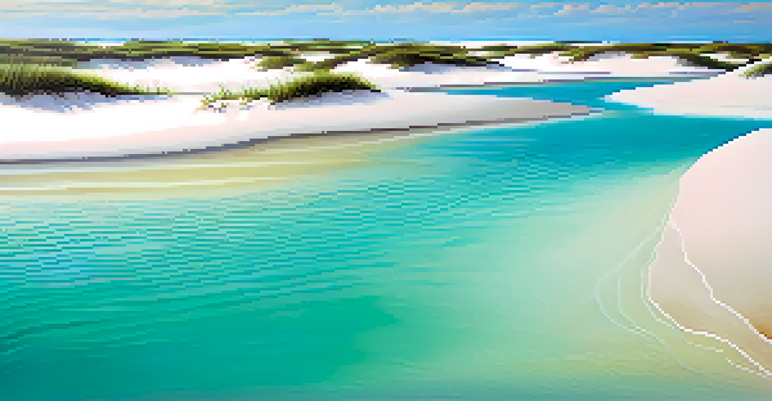 A close-up of a lagoon in Lençóis Maranhenses with turquoise water and white sand dunes.