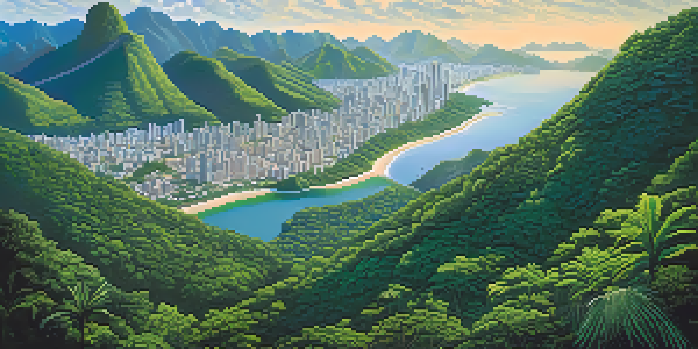 Aerial view of Tijuca National Park with lush green forests and city skyline in the background.