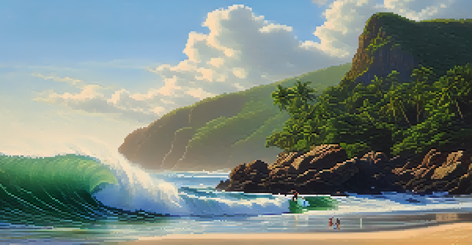 A quiet view of Prainha Beach with surfers riding powerful waves and lush vegetation in the background.