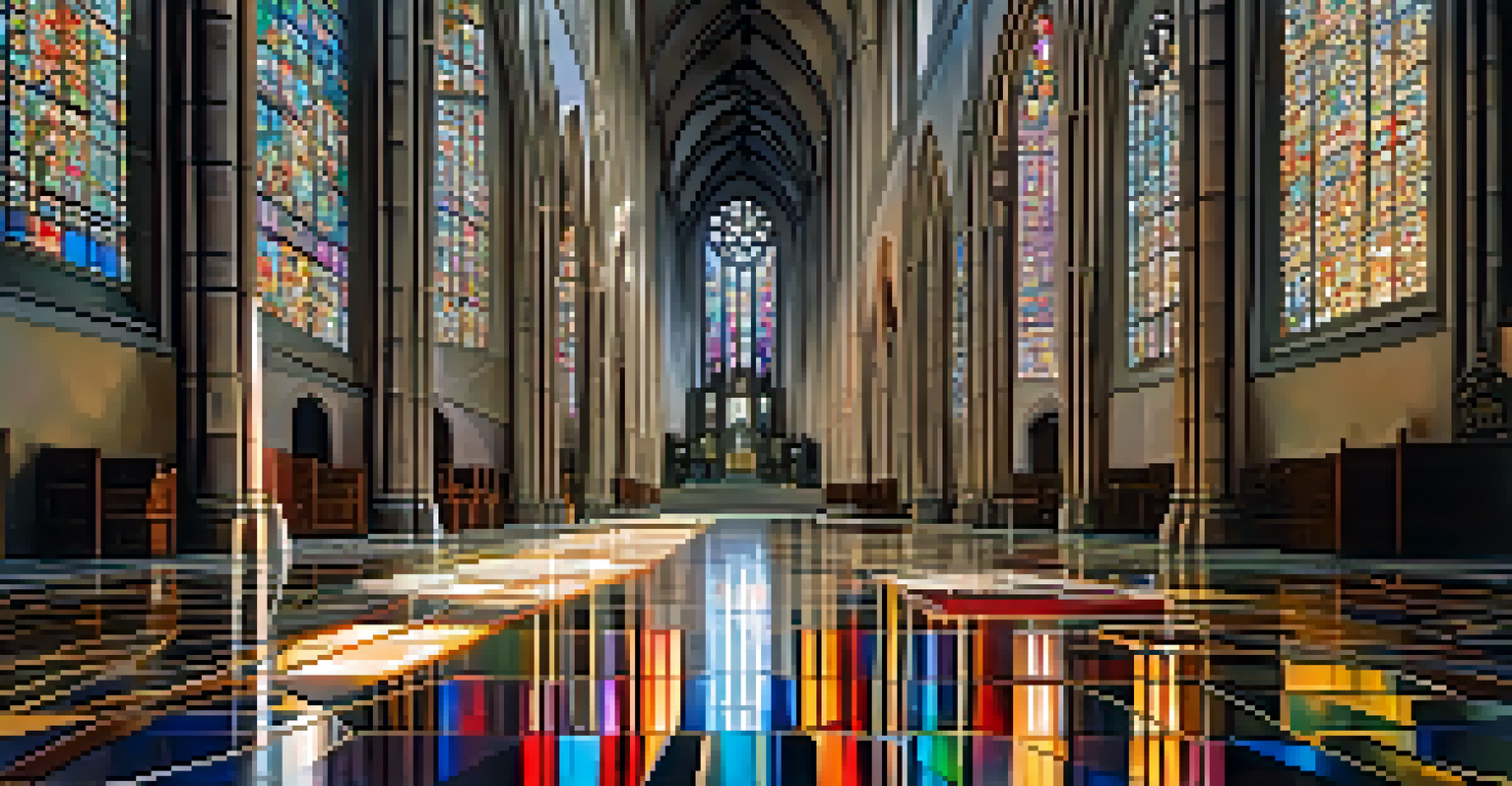 The interior of São Paulo's Cathedral with vibrant stained glass windows and sunlight creating colorful reflections on the stone floor.