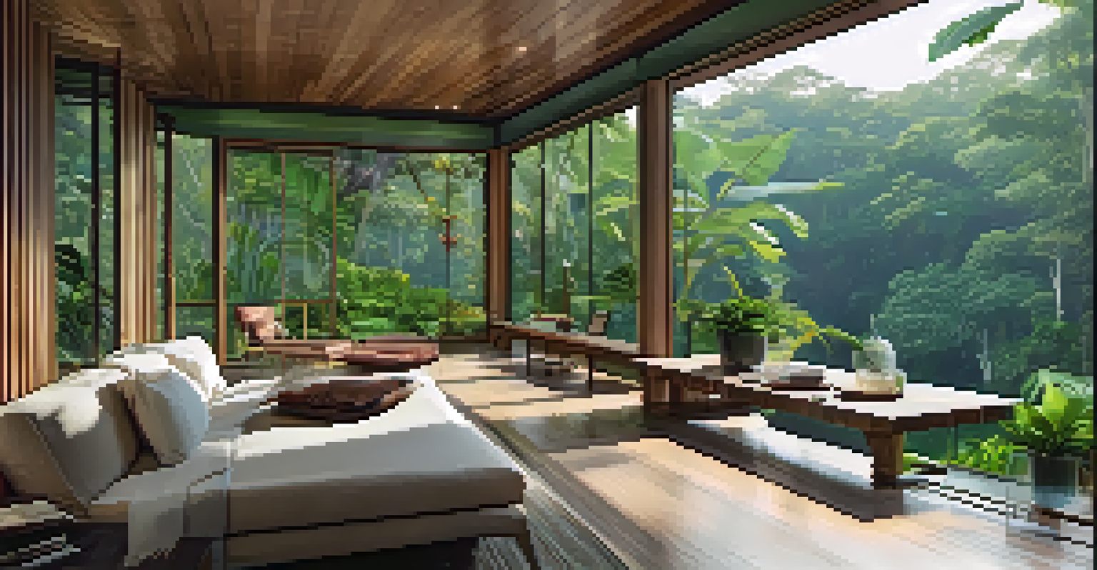 A luxurious eco-friendly villa in the Amazon rainforest with large windows, showcasing lush greenery and a view of the river.