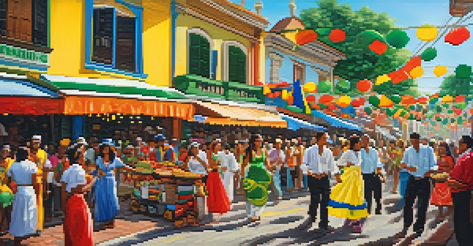 A lively Brazilian festival scene with colorful decorations, dancers in traditional attire, and food vendors, celebrating local culture.
