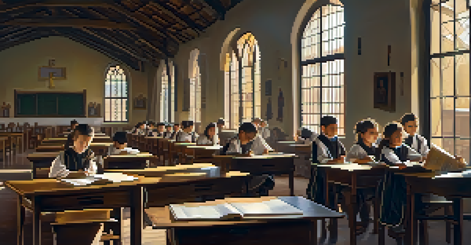 Inside a 17th-century Jesuit school, indigenous children are learning, surrounded by wooden desks and sunlight streaming through windows.