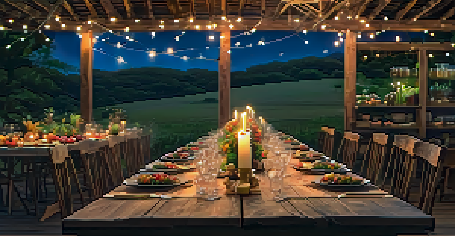 An elegant farm-to-table dinner at an organic farm in Brazil, featuring colorful dishes and a beautifully set table.