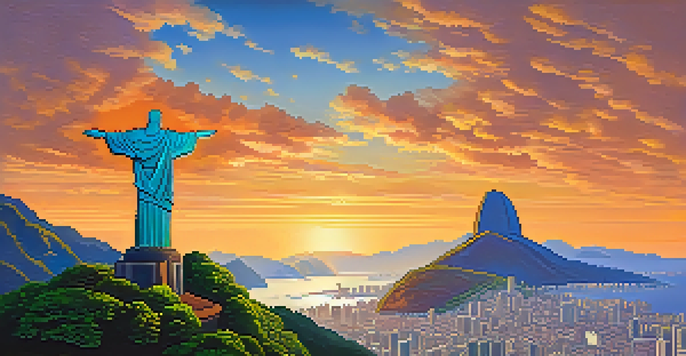 A stunning sunset view of the Christ the Redeemer statue on Corcovado Mountain, overlooking Rio de Janeiro with city lights and greenery.