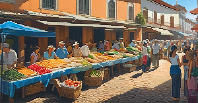 A lively local market in Minas Gerais showcasing fresh produce, artisanal cheeses, and people shopping.