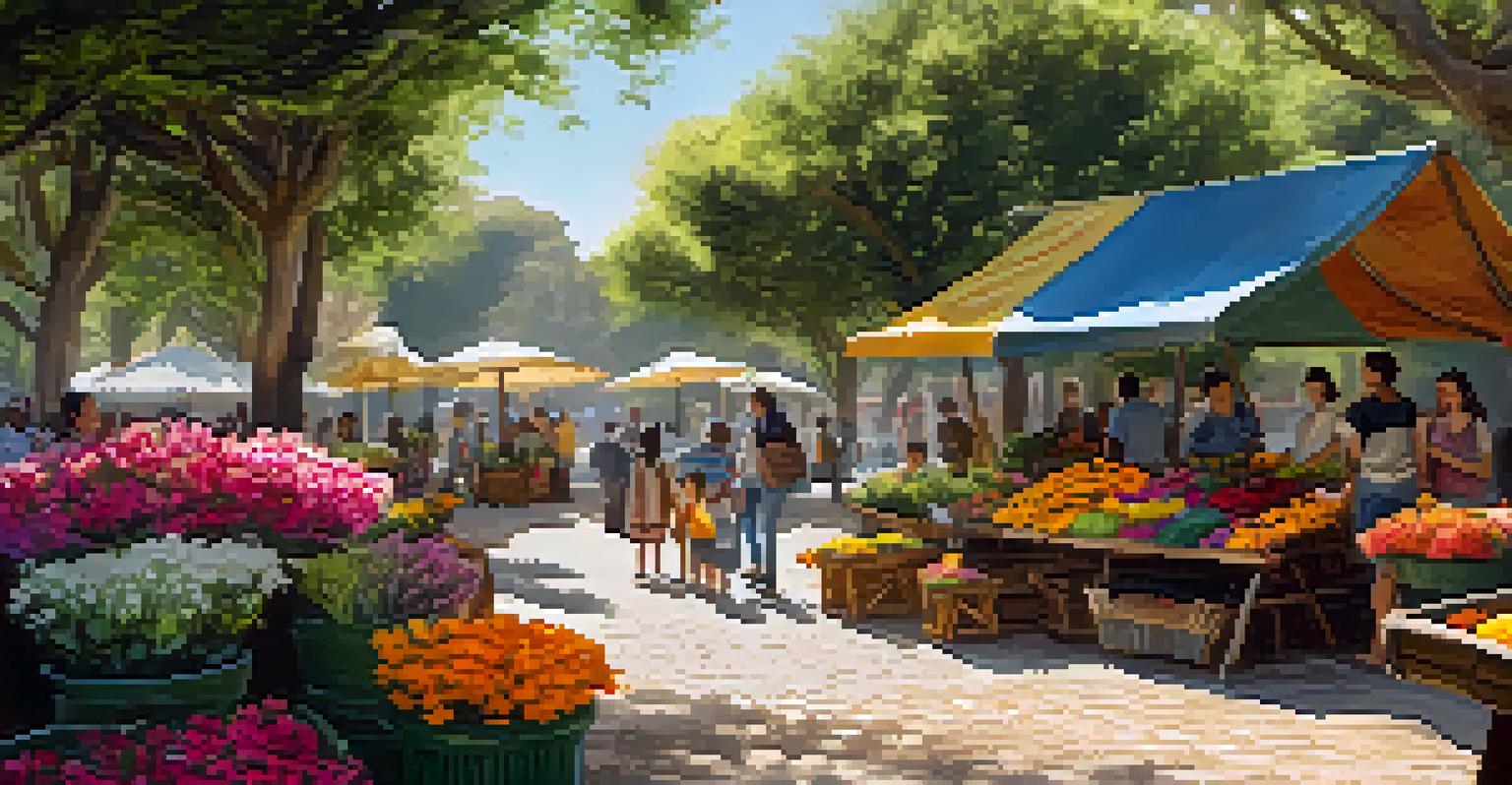 Close-up of colorful flowers in Parque da Água Branca, with artisans preparing a farmer's market and children playing nearby.