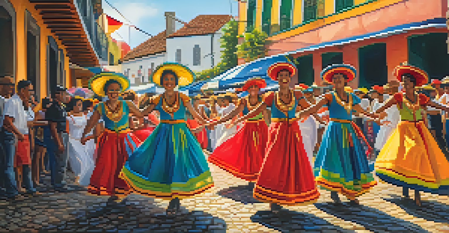 A colorful dance performance at the Carnival of Olinda, with dancers in vibrant costumes and historic cobblestone streets filled with joy.
