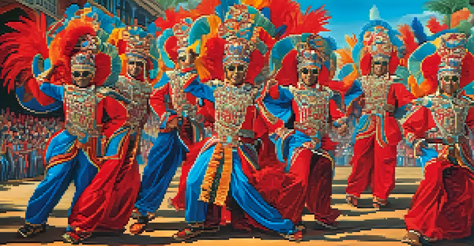 Performers in colorful costumes representing Boi Bumbá Garantido and Boi Bumbá Caprichoso at the Parintins Folklore Festival, with a lively crowd in the background.