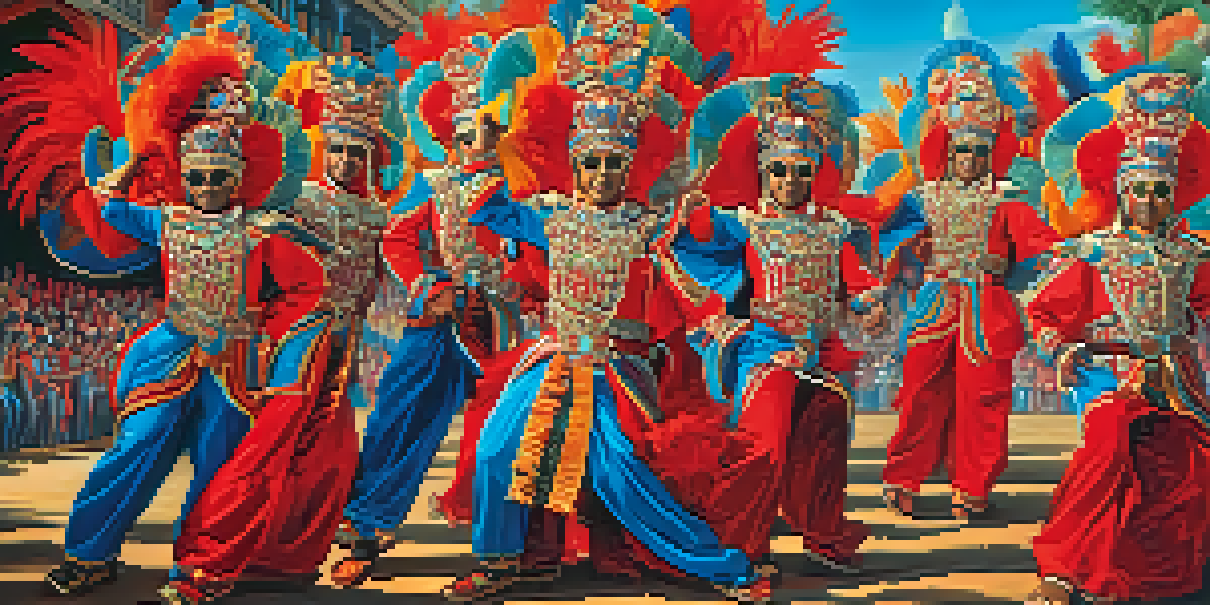 Performers in colorful costumes representing Boi Bumbá Garantido and Boi Bumbá Caprichoso at the Parintins Folklore Festival, with a lively crowd in the background.
