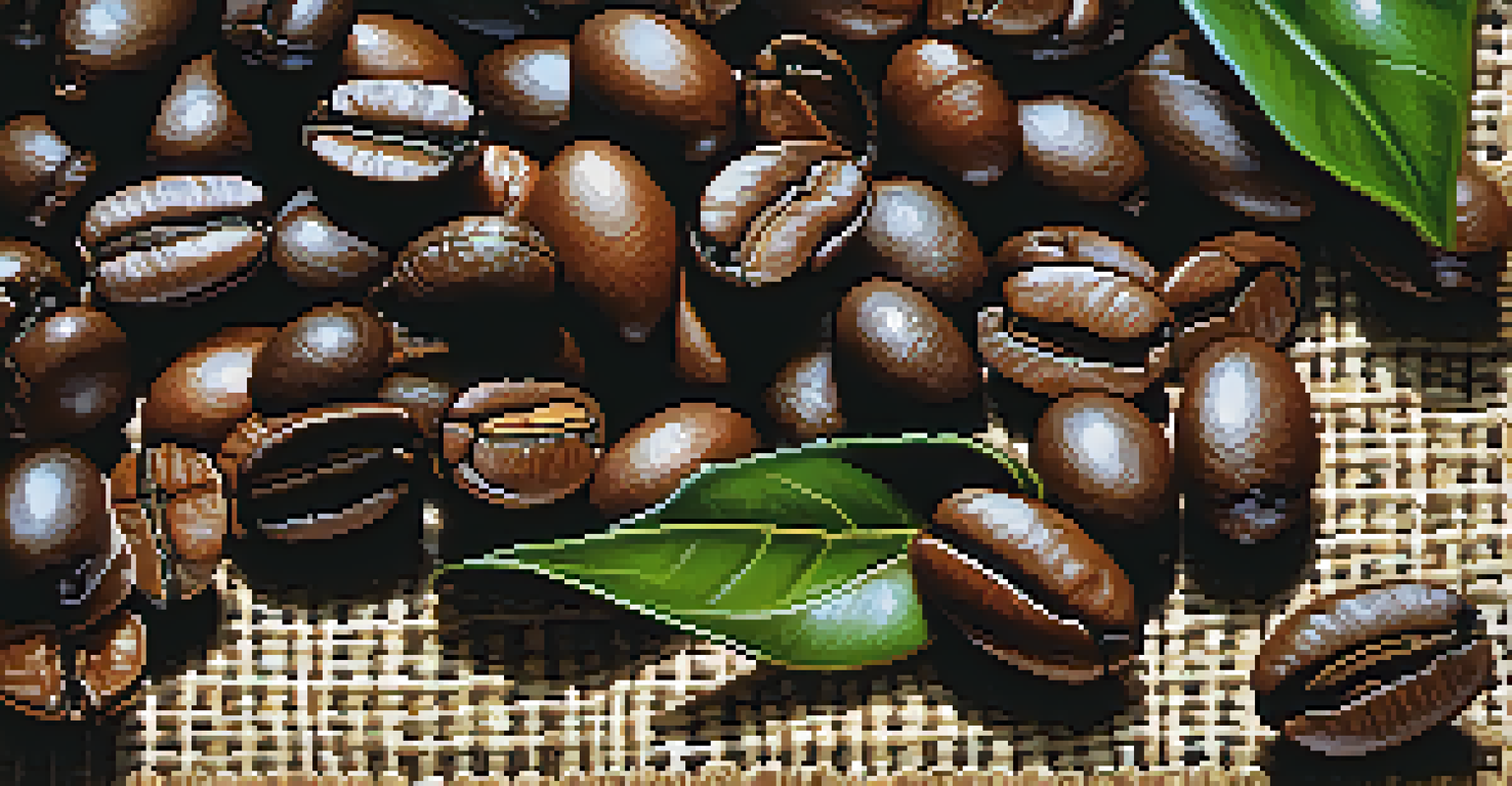 A detailed close-up of shiny Brazilian coffee beans on a burlap sack, accompanied by fresh green coffee leaves, under warm lighting.