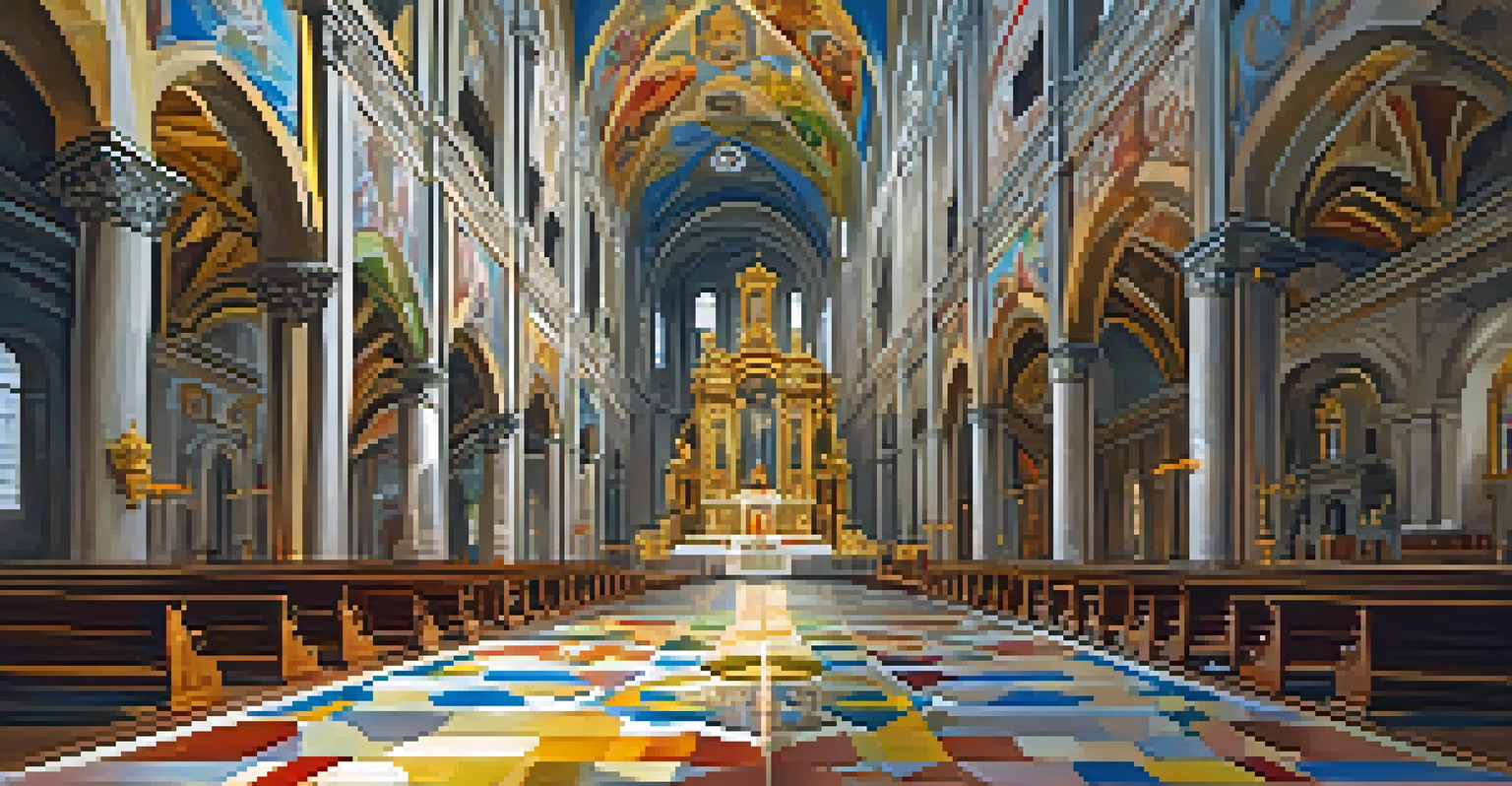 The grand interior of the Cathedral of Salvador with a soaring ceiling, vibrant frescoes, and an ornate altar decorated with gold leaf.