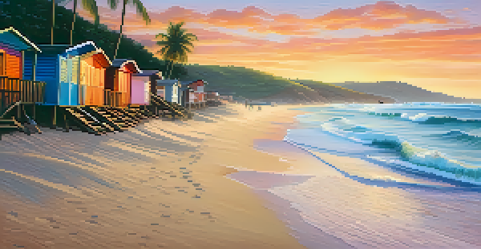 A picturesque sunset view of Praia do Norte beach with gentle waves and surfboards on the sand, surrounded by palm trees and colorful beach shacks.